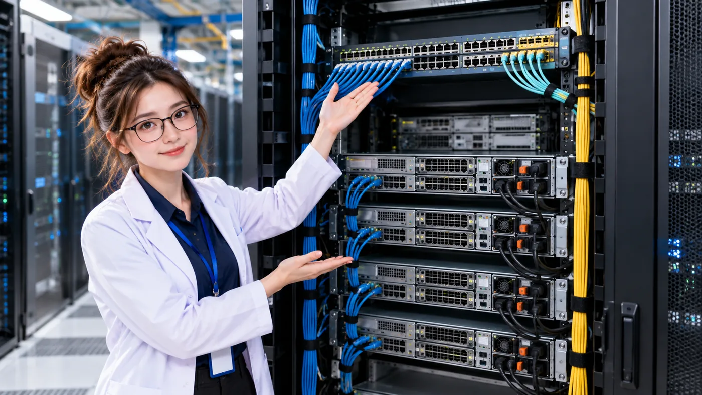 DataCenterTwin Nerd Girl presents connected server-facing links and a rack-level network switch in a data center.