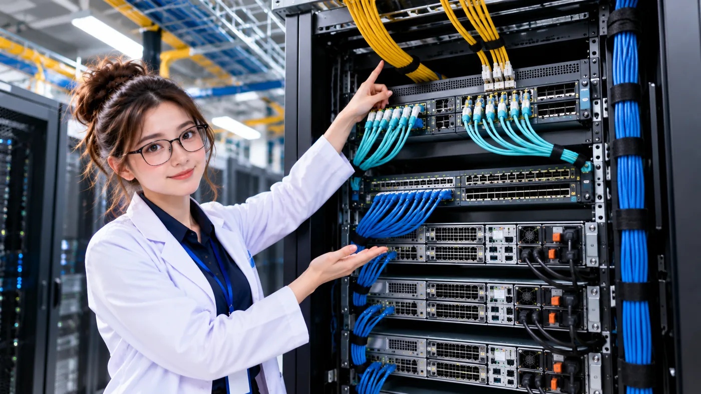 DataCenterTwin Nerd Girl points to turquoise server-facing cables and blue network links connected to equipment in a rack.