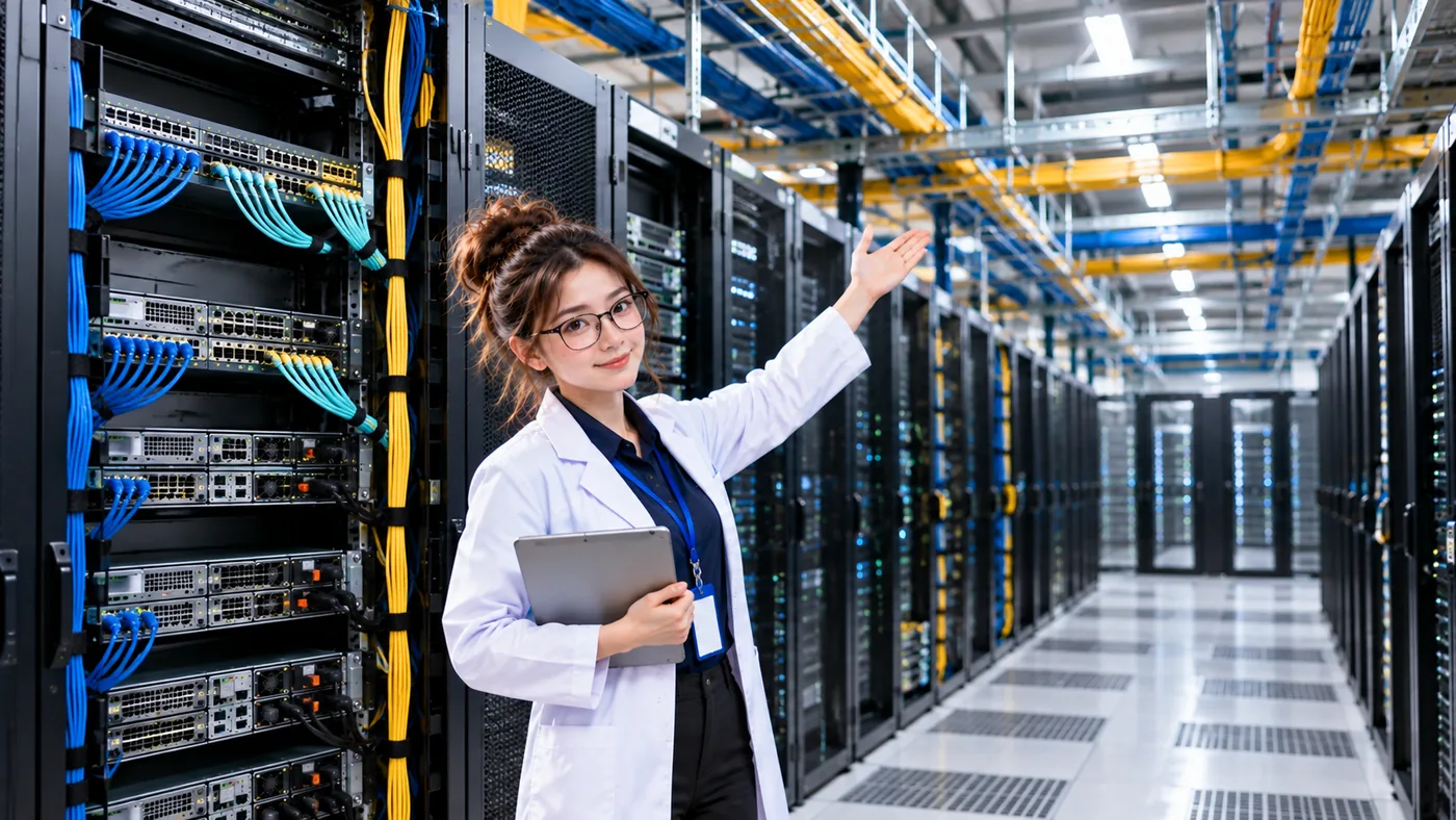 DataCenterTwin Nerd Girl presents organized server racks connected by network cabling across a data center aisle.