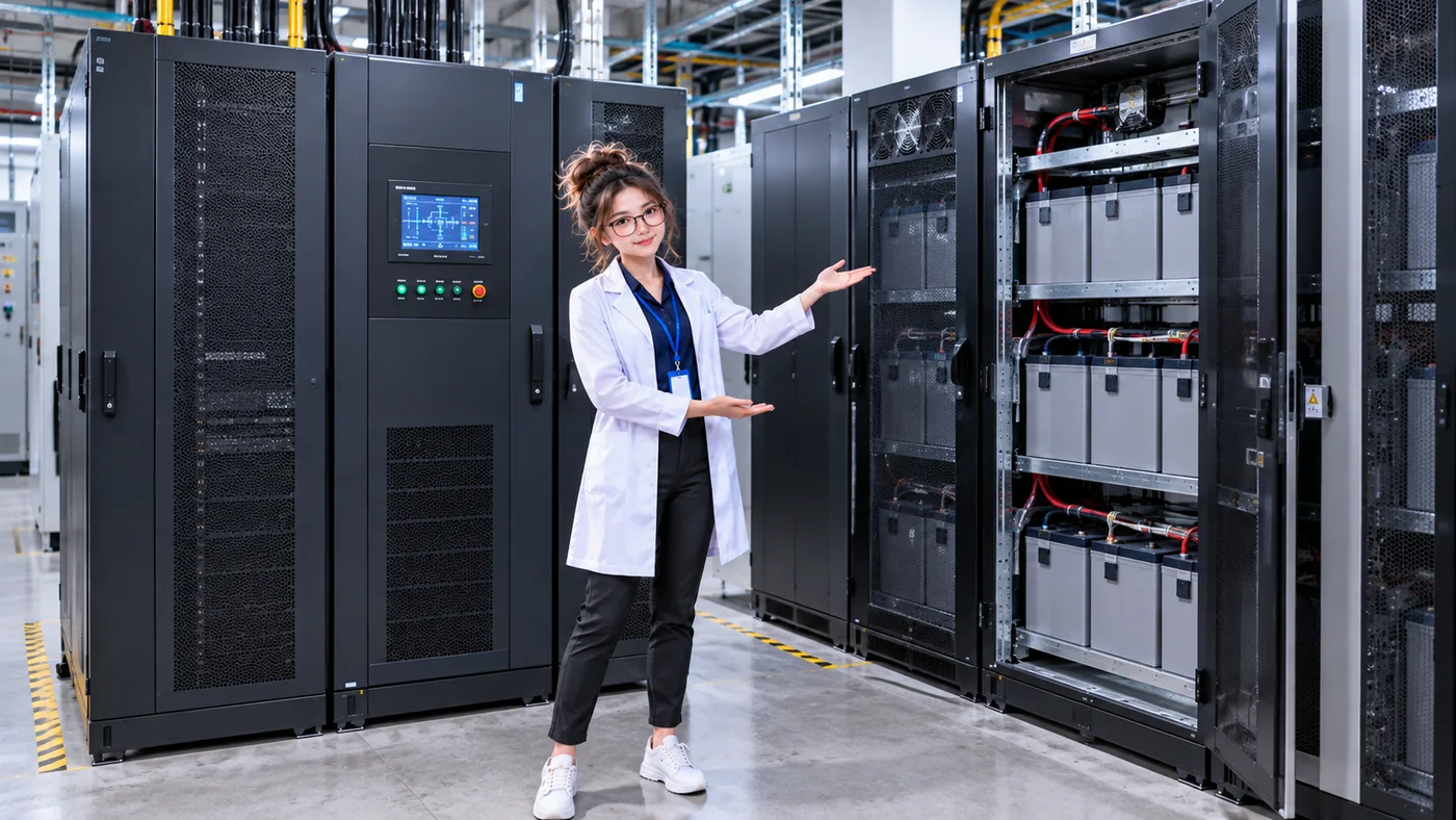 DataCenterTwin Nerd Girl presents UPS battery cabinets with visible battery modules and electrical connections in a power room.