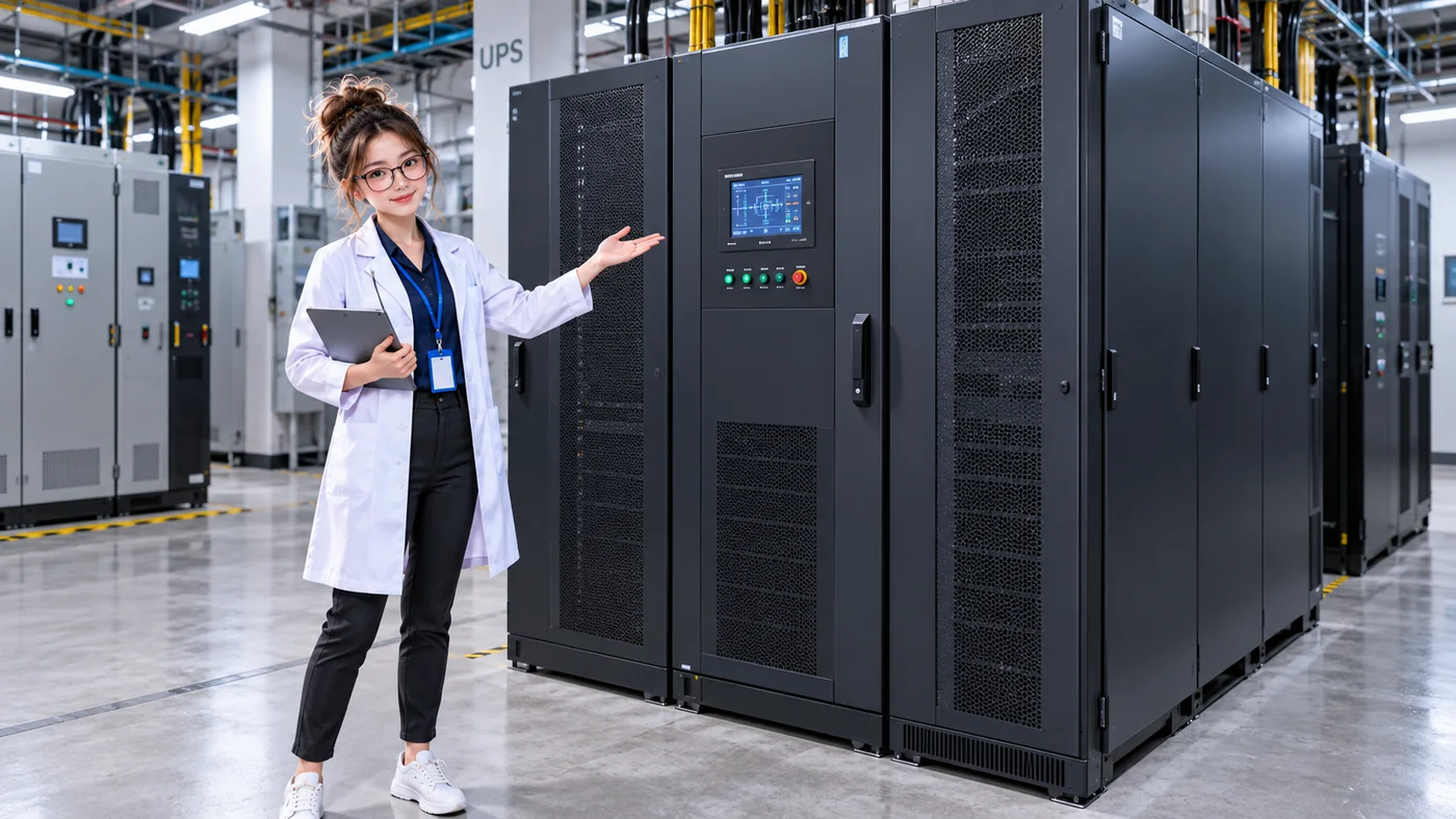 DataCenterTwin Nerd Girl presents facility-scale UPS equipment beside data center power distribution infrastructure.