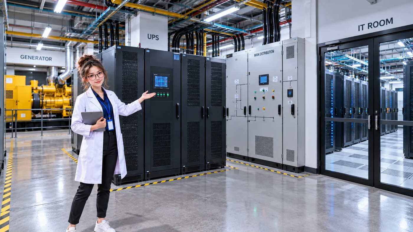 DataCenterTwin Nerd Girl presents UPS and power distribution equipment beside a data center server room, illustrating the facility power path.