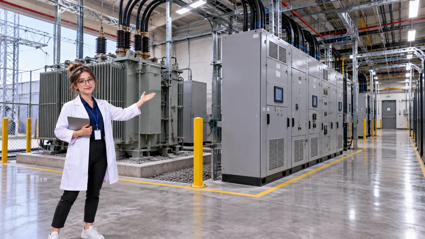 DataCenterTwin Nerd Girl presents a utility transformer and facility switchgear beside a data center room.